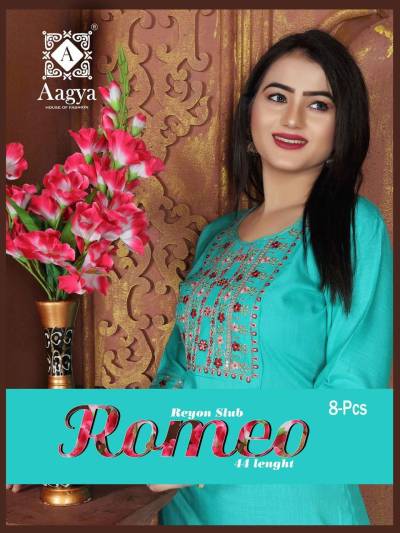 AAGYA ROMEO VOL 1 RAYON KURTIS WITH EMBROIDERY WHOLESALER IN SURAT